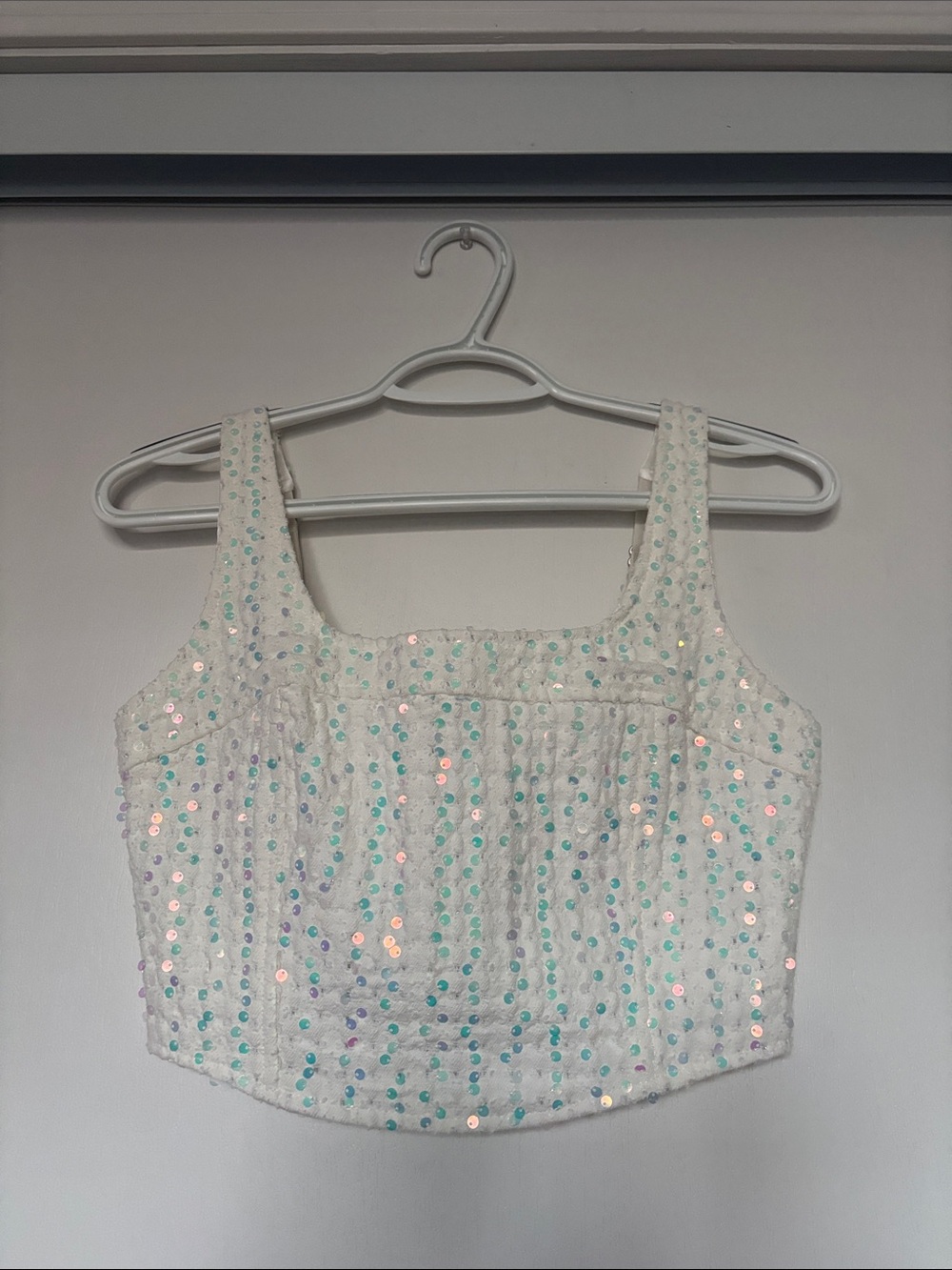 Iridescent White Sequin Square-Neck Crop Top
